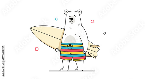 A Cheerful Polar Bear Ready for a Surfing Adventure on a Sunny Day with Colorful Shorts and a Surfboard