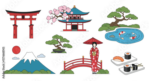 Collection of Traditional Japanese Cultural Symbols and Elements