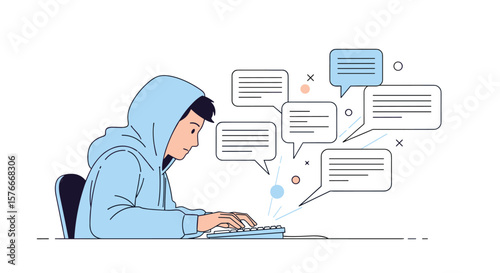 Young Person Actively Engaged in Online Communication Through Digital Text Messages and Conversation Bubbles Explaining Social Media Interaction
