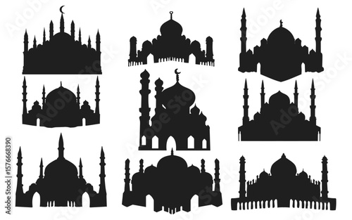 Illustration of a magnificent mosque silhouette, vector building of worship