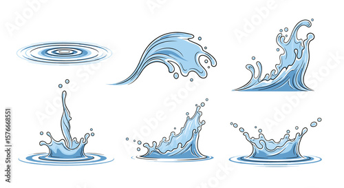 Dynamic Collection of Refreshing Water Splashes and Ripples in Vivid Blue Hues