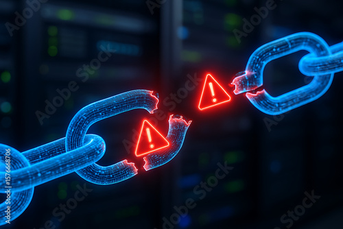 Broken digital chain with glowing red warning icons symbolizing cybersecurity breach system failure data loss network disruption hacking risk or vulnerability in futuristic server background