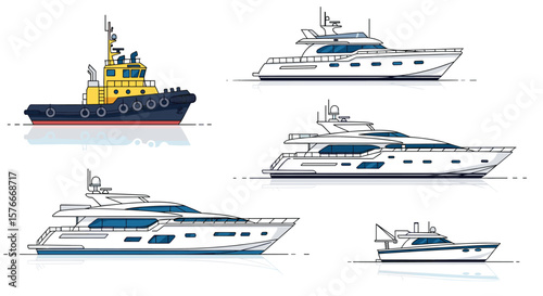 A Collection of Luxury Yachts and a Tugboat Illustrated in a Minimalist Pixel Art Style