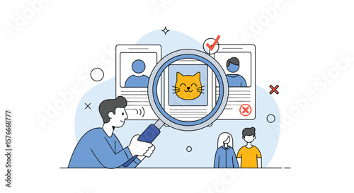 Illustration of a person using a smartphone to find a suitable candidate for a job application through a magnifying glass observing profile pictures
