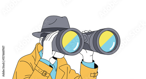 Detective Looking Through Binoculars Seeking Clues and Discovering New Information for Investigation and Surveillance Purposes