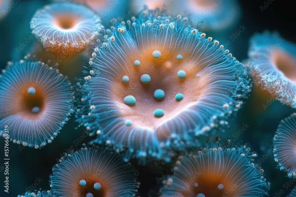 Fototapeta premium Close-up of translucent blue and orange sea anemones with delicate tentacles and glowing orb-like structures underwater