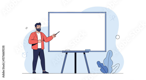 Educator Presenting Information Effectively On A Blank Whiteboard Using A Pointer To Explain Concepts Clearly