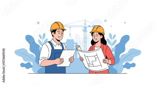 Construction Professionals Reviewing Building Plans Together on a Site With Heavy Machinery in the Background Illustrating Teamwork and Project Management