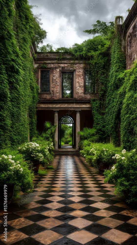 Obraz premium Elegant and mysterious courtyard with ivy-covered walls and a checkerboard floor
