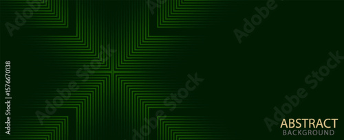 Dark green abstract background with glowing arrow lines. Modern shiny green geometric lines design.