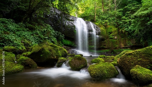 a tranquil waterfall cascading down moss covered rocks surrounded by vibrant greenery