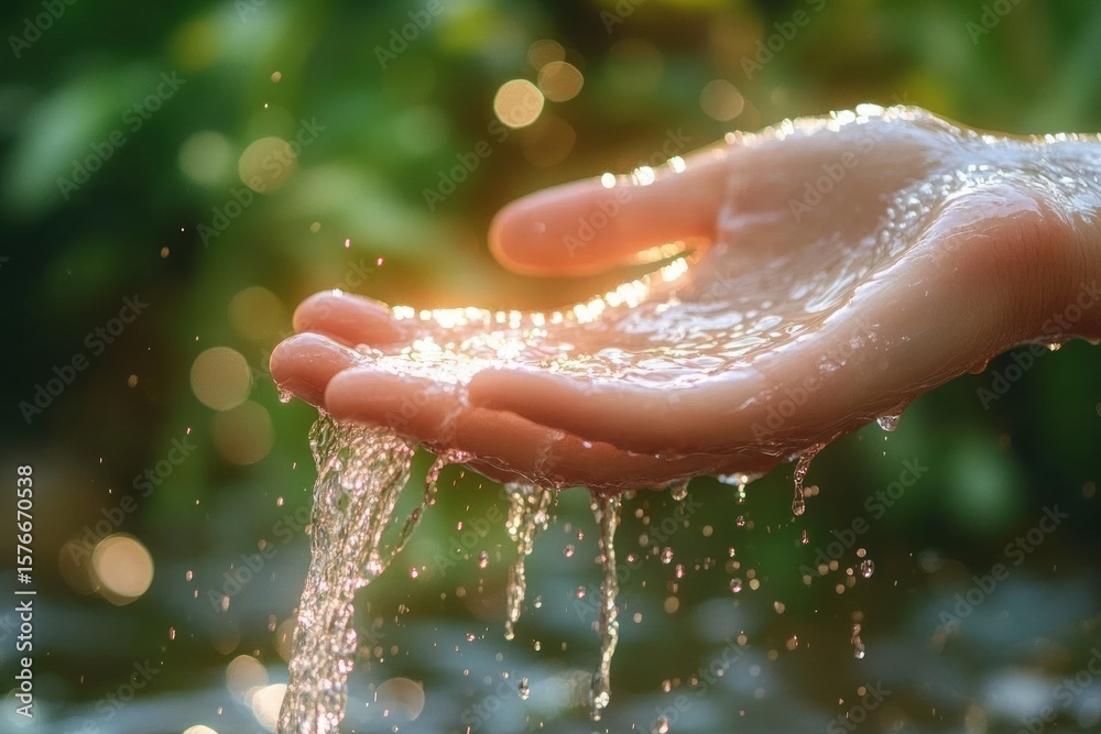 custom made wallpaper toronto digitalClose-up of a human hand catching and letting water flow through fingers with a green blurred background, evoking feelings of freshness and tranquility