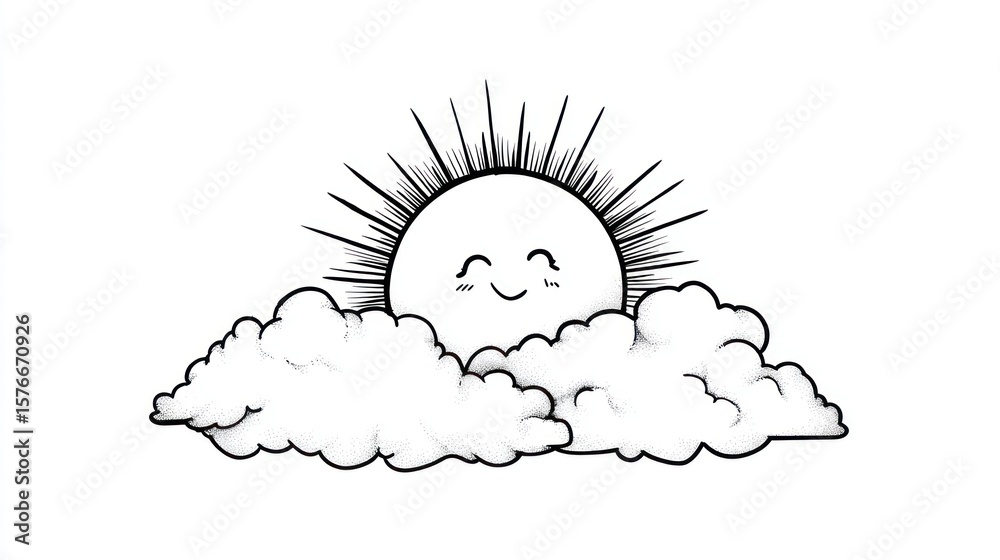 Fototapeta premium Cute sun peeking from behind clouds