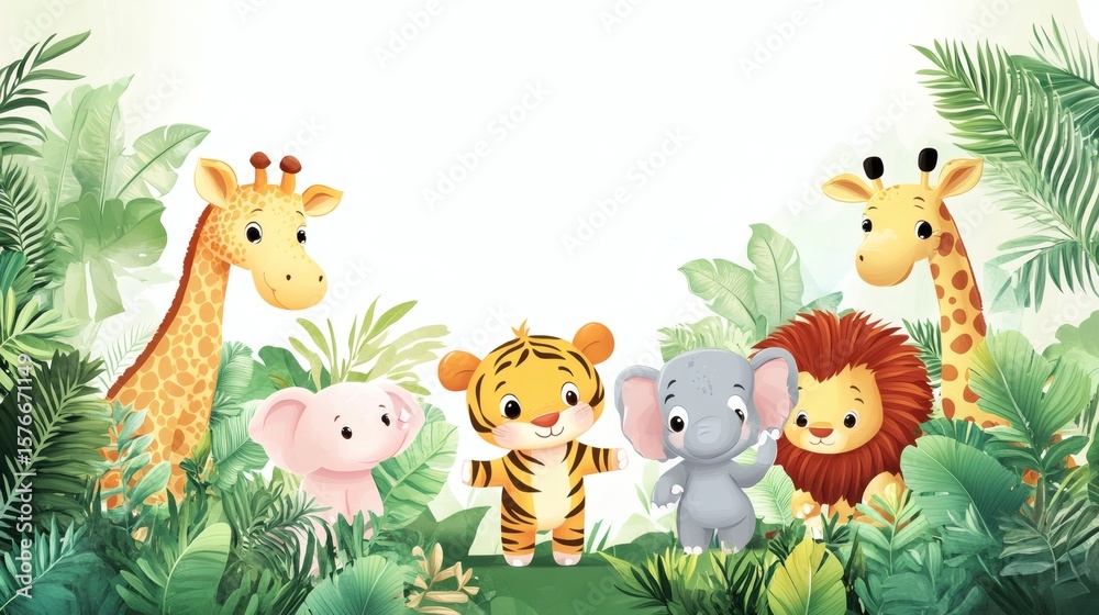 Naklejka premium Adorable cartoon animals standing in a lush green jungle environment