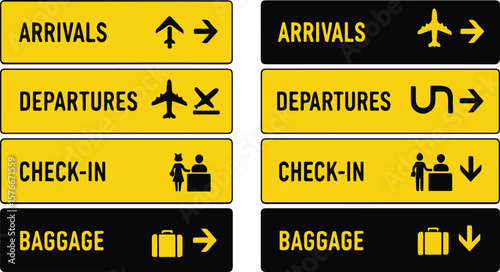 Airport signs for Arrivals, Departures, Check-in, Baggage