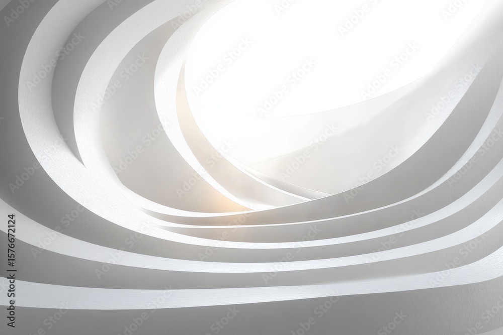 Fototapeta premium abstract spiral architectural interior with smooth white curved layers creating a bright open skylight and soft flowing light