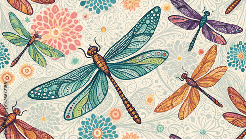 Vector illustration seamless pattern colorful dragonfly pattern.