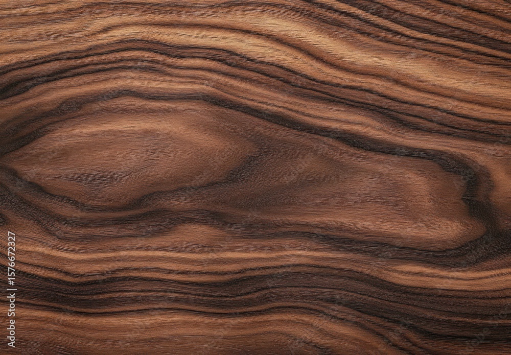 Fototapeta premium Close-up view of smooth natural wood grain with flowing, wavy dark and light brown patterns creating an organic texture