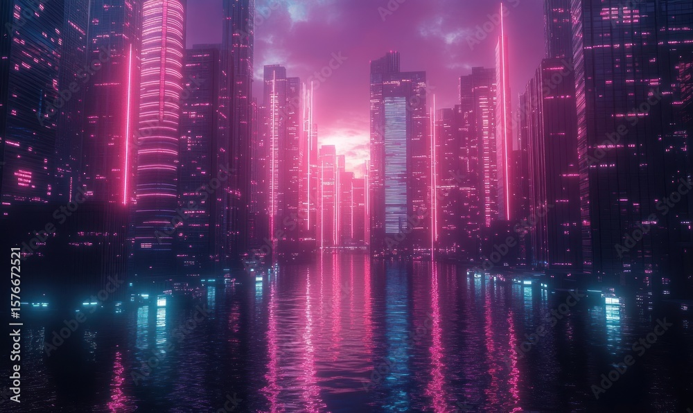 Obraz premium Futuristic cityscape at dusk with neon pink and blue lights reflecting on calm water between tall skyscrapers under a cloudy sky