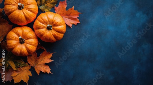 Fototapeta Naklejka Na Ścianę i Meble -  Three small orange pumpkins resting on a surface decorated with autumn maple leaves in warm fall colors against a dark textured blue background evoking a cozy seasonal mood