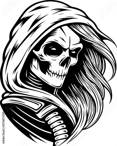 SVG of a cyber reaper with a skull motif, designed for edgy tattoo art. Monochrome Grim Reaper with Flowing Hair and Hooded Cloak Design