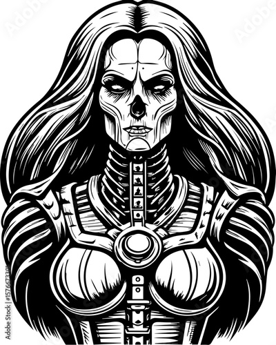 SVG of a cyber reaper with a skull motif, designed for edgy tattoo art. Woman with skull face and robotic body in high-contrast illustration