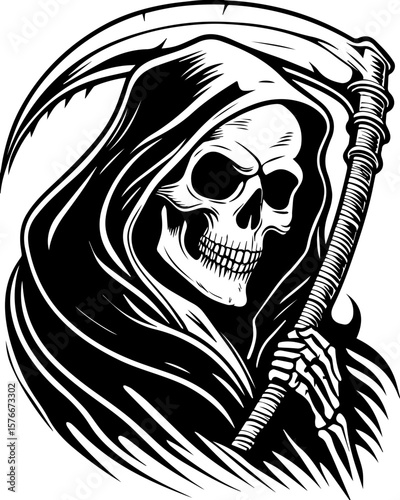 SVG of a cyber reaper with a skull motif, designed for edgy tattoo art. Grim Reaper with Scythe in Dark Artistic Illustration Design