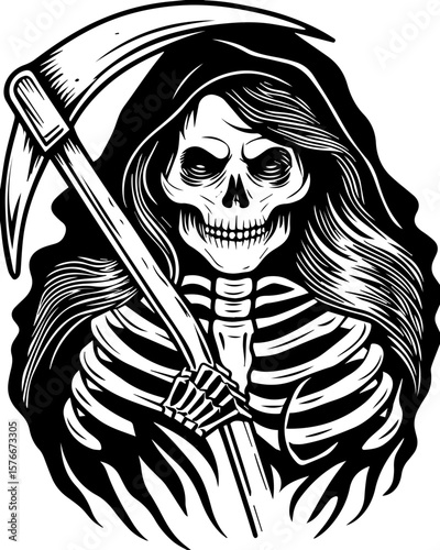 SVG of a cyber reaper with a skull motif, designed for edgy tattoo art. Grim Reaper Illustration with Scythe and Long Hair in Black and White