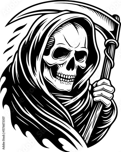 SVG of a cyber reaper with a skull motif, designed for edgy tattoo art. Grim Reaper Illustration Holding Scythe in Dark Style Art