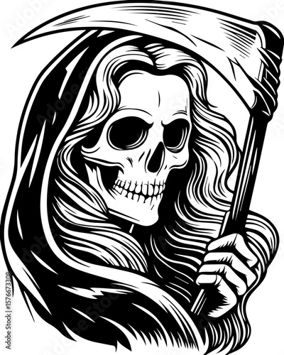 SVG of a cyber reaper with a skull motif, designed for edgy tattoo art. Illustrated Grim Reaper Holding Scythe and Cloaked in Shadows
