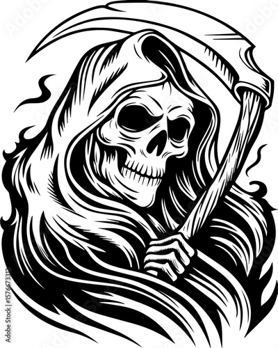 SVG of a cyber reaper with a skull motif, designed for edgy tattoo art. Grim Reaper Holding Scythe in Black and White Artistic Illustration