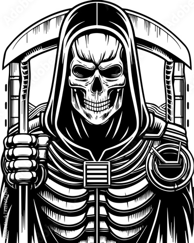 SVG of a cyber reaper with a skull motif, designed for edgy tattoo art. Grim Reaper with Scythe and Skull Illustration in Monochrome Style