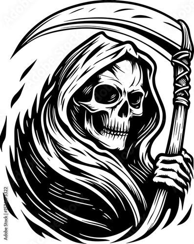 SVG of a cyber reaper with a skull motif, designed for edgy tattoo art. Grim Reaper with Scythe in Monochrome Skull Artwork Design