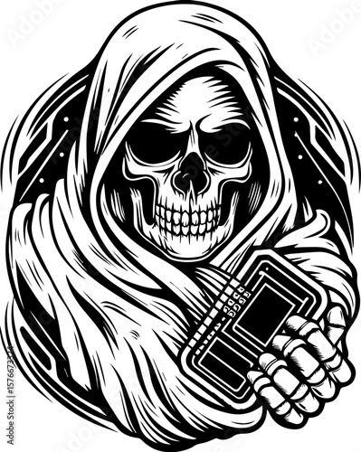 SVG of a cyber reaper with a skull motif, designed for edgy tattoo art. Mysterious Skull Figure in Hood Holding a Vintage Technology Device