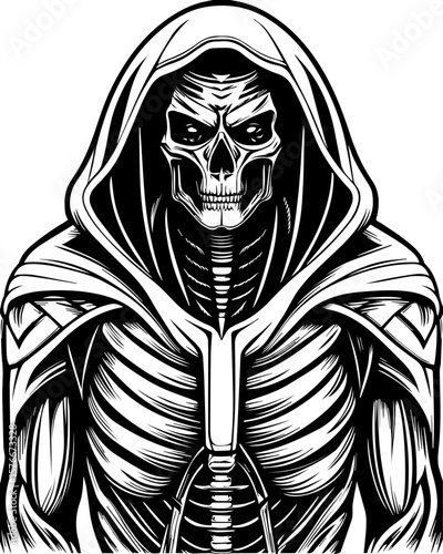 SVG of a cyber reaper with a skull motif, designed for edgy tattoo art. Skeleton Figure with Hooded Cloak in Detailed Illustration Style