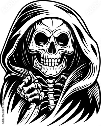 SVG of a cyber reaper with a skull motif, designed for edgy tattoo art. Grim Reaper Illustration with Skull and Cloak Design Elements