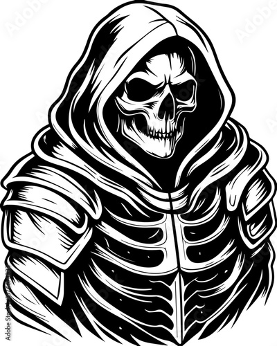 SVG of a cyber reaper with a skull motif, designed for edgy tattoo art. Dark Skull Figure in Cloak with Detailed Armor Design Element