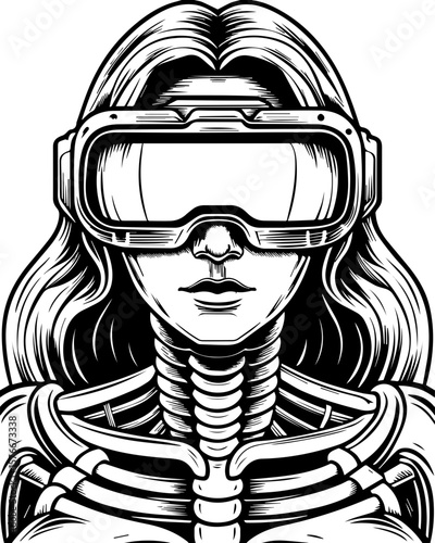 SVG of a cyber reaper with a skull motif, designed for edgy tattoo art. Futuristic Female Character with VR Goggles and Robotic Design
