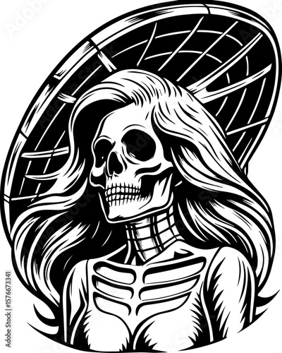 SVG of a cyber reaper with a skull motif, designed for edgy tattoo art. Skeleton Woman with Long Hair and Decorative Background Design