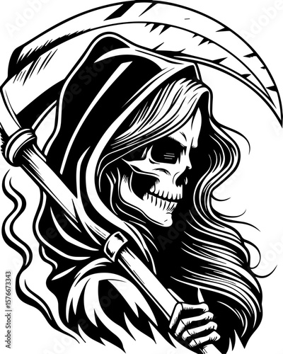 SVG of a cyber reaper with a skull motif, designed for edgy tattoo art. Grim Reaper with Scythe and Long Hair, Black and White Illustration