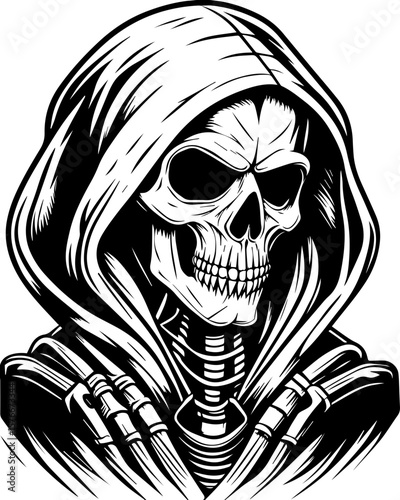 SVG of a cyber reaper with a skull motif, designed for edgy tattoo art. Dark Skull in Hooded Cloak Illustration for Halloween Themes