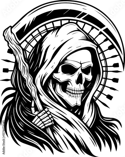 SVG of a cyber reaper with a skull motif, designed for edgy tattoo art. Grim Reaper Holding Scythe with Celestial Background and Details