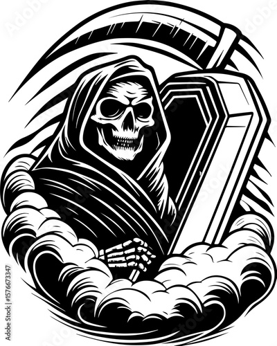SVG of a cyber reaper with a skull motif, designed for edgy tattoo art. Grim Reaper Emerging from Clouds with Coffin and Scythe Illustration