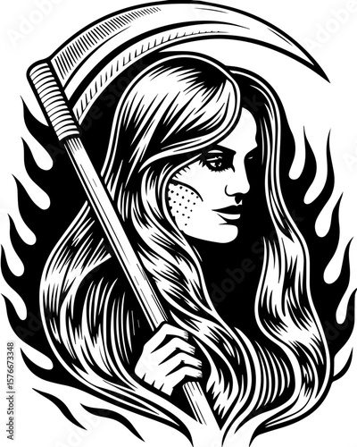 SVG of a cyber reaper with a skull motif, designed for edgy tattoo art. Ethereal Woman with Scythe Surrounded by Fiery Flames Art Design