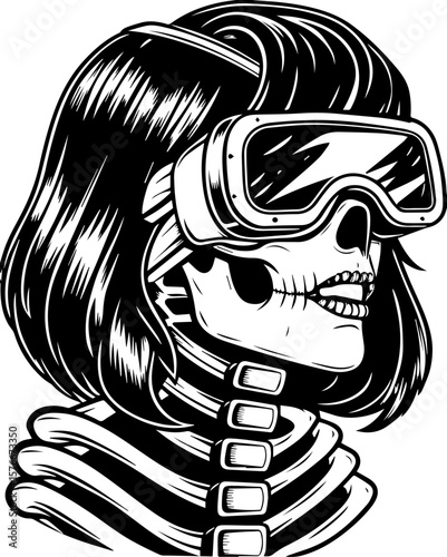 SVG of a cyber reaper with a skull motif, designed for edgy tattoo art. Skull with Stylish Hair and Goggles in Monochrome Style