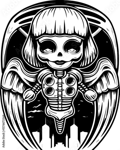 SVG of a cyber reaper with a skull motif, designed for edgy tattoo art. Surreal Artwork of Angelic Skeleton with City Background in Black and White