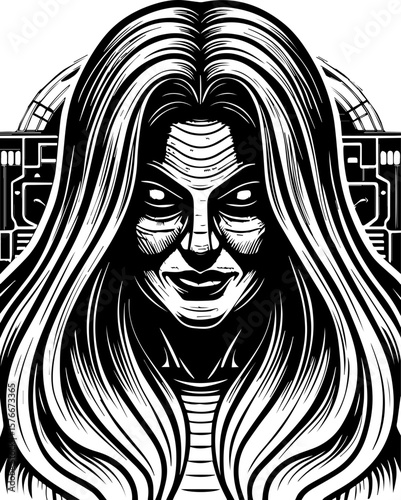 SVG of a cyber reaper with a skull motif, designed for edgy tattoo art. Dark Artistic Portrait of Mysterious Woman with Long Hair and Intense Eyes
