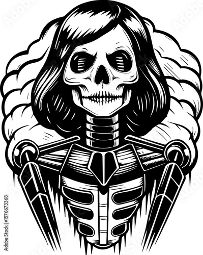 SVG of a cyber reaper with a skull motif, designed for edgy tattoo art. Skull Illustration With Hair and Mechanical Skeleton Design