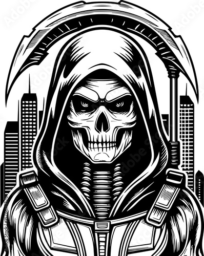 SVG of a cyber reaper with a skull motif, designed for edgy tattoo art. Dark Grim Reaper Graphic with City Skyline Background