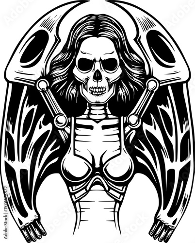 SVG of a cyber reaper with a skull motif, designed for edgy tattoo art. Skull Woman in Futuristic Armor with Wings and Mechanical Elements